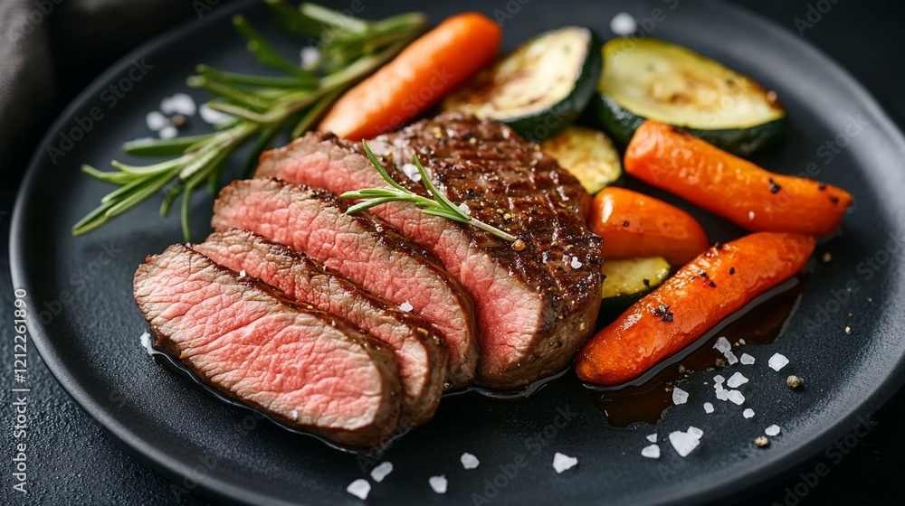 Sliced grilled steak with roasted carrots and zucchini on a dark plate. Sliced grilled steak with roasted carrots and zucchini on a dark plate.