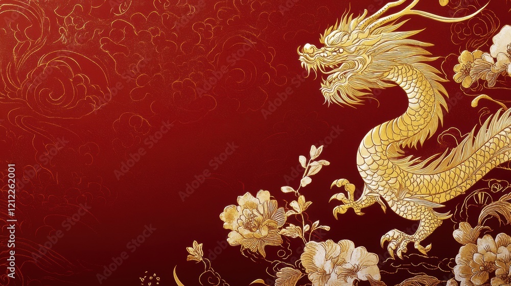 Majestic Golden Dragon, Asian Festival, Digital Art, Vibrant Red Background, Close-Up View, Symbol of Power and Prosperity Majestic Golden Dragon, Asian Festival, Digital Art, Vibrant Red Background, Close-Up View, Symbol of Power and Prosperity