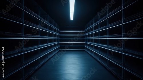 Empty shelves in a dimly lit modern space