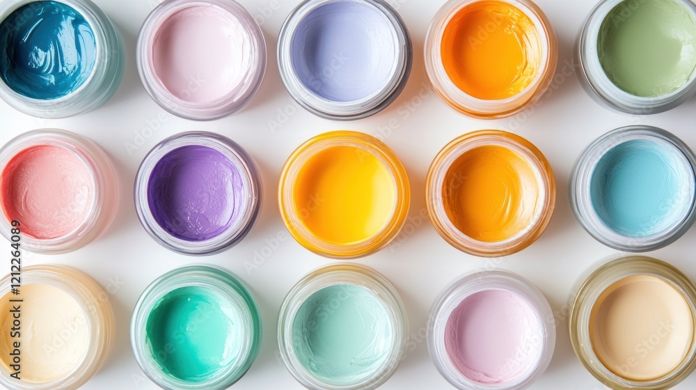 Colorful cosmetic creams in small jars on white background. Colorful cosmetic creams in small jars on white background.