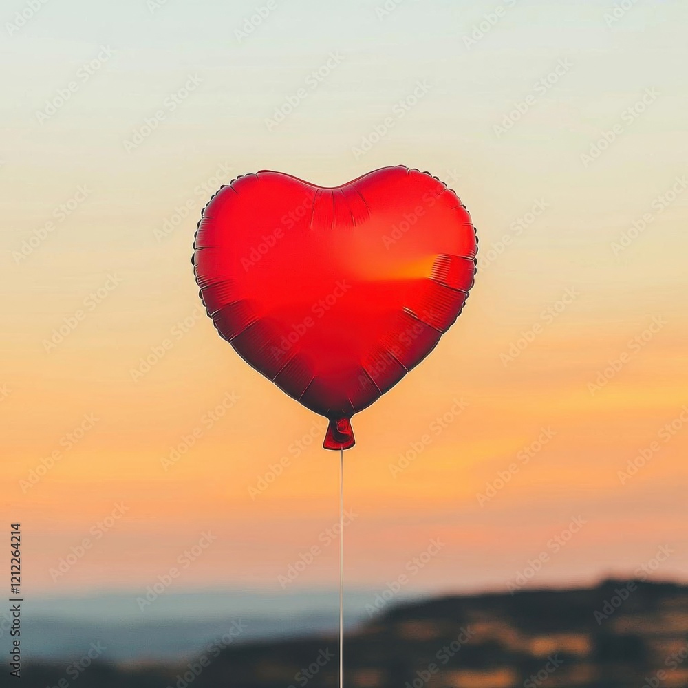 Fototapeta premium Red balloon shaped like a heart floating over a sunset