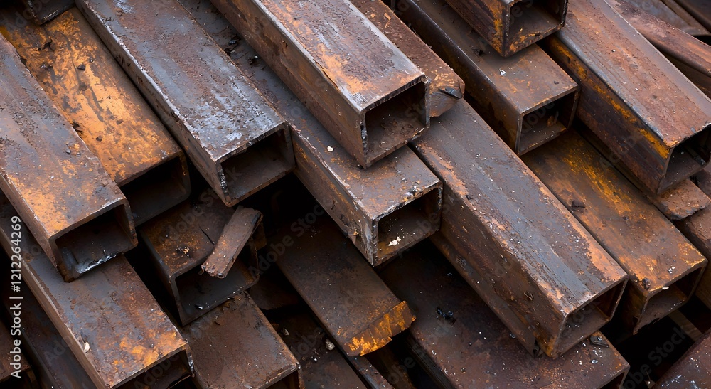 Close-up of stacked, rusty square steel pipes. The background is unclear; possibly solid. The pipes show signs of wear. Industrial, rough texture. Close-up of stacked, rusty square steel pipes. The background is unclear; possibly solid. The pipes show signs of wear. Industrial, rough texture.