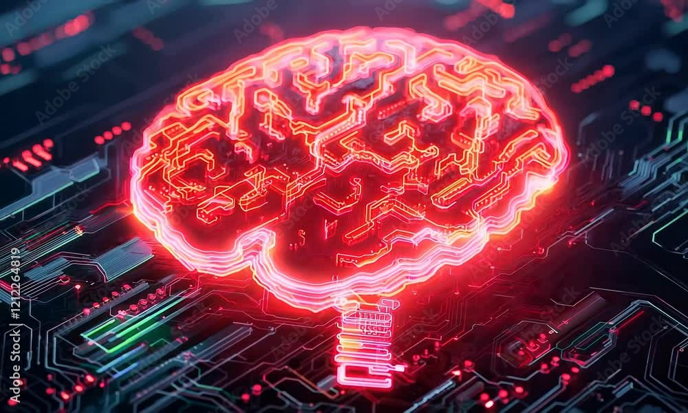A futuristic digital brain design illuminated by red neon on a tech-themed background, symbolizing artificial intelligence and neural networks.