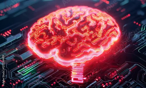 A futuristic digital brain design illuminated by red neon on a tech-themed background, symbolizing artificial intelligence and neural networks.