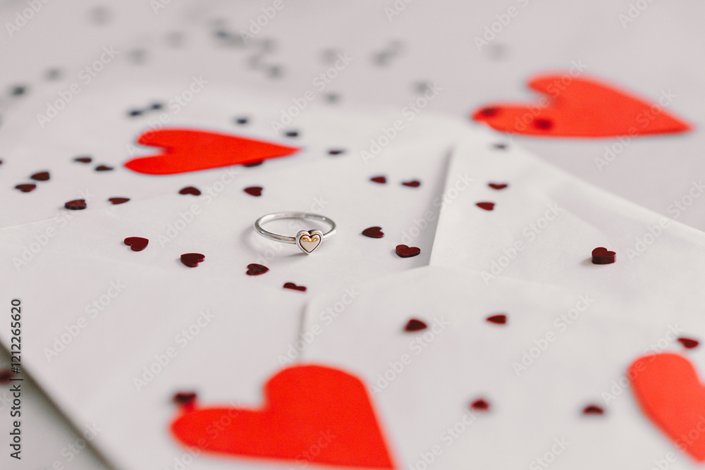Heartfelt proposal on a handwritten note with a ring on a red paper heart Heartfelt proposal on a handwritten note with a ring on a red paper heart