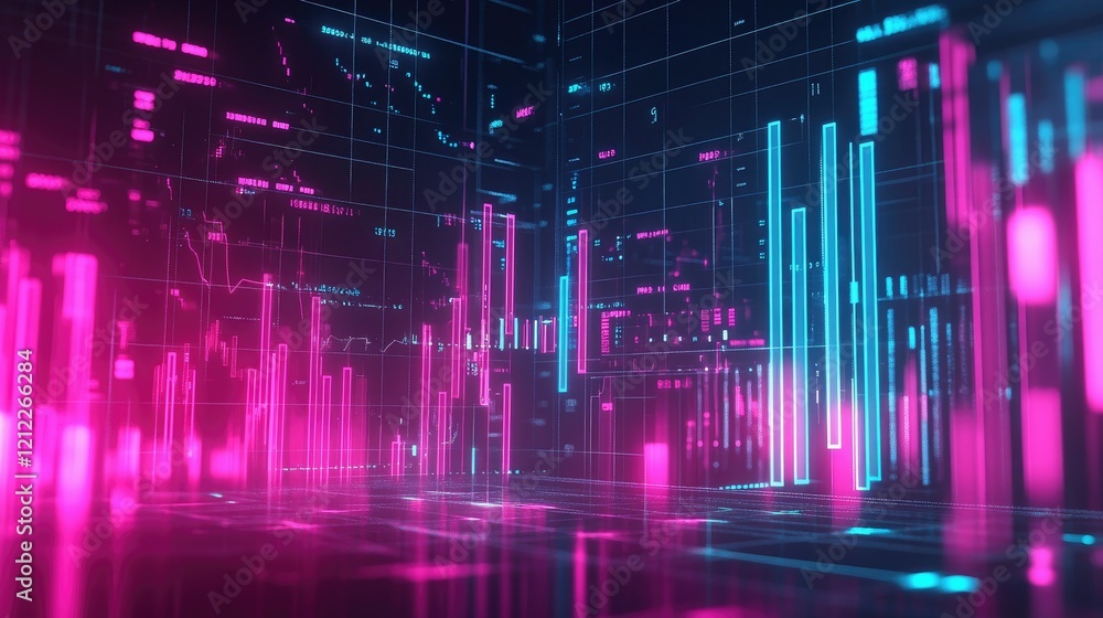 Abstract depiction of financial graphs and charts in neon colors Abstract depiction of financial graphs and charts in neon colors