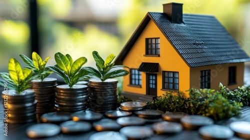 A house with a declining mortgage rate symbol, visualizing falling interest rates, representing the impact of lower rates on home ownership and the real estate market, with space for financial