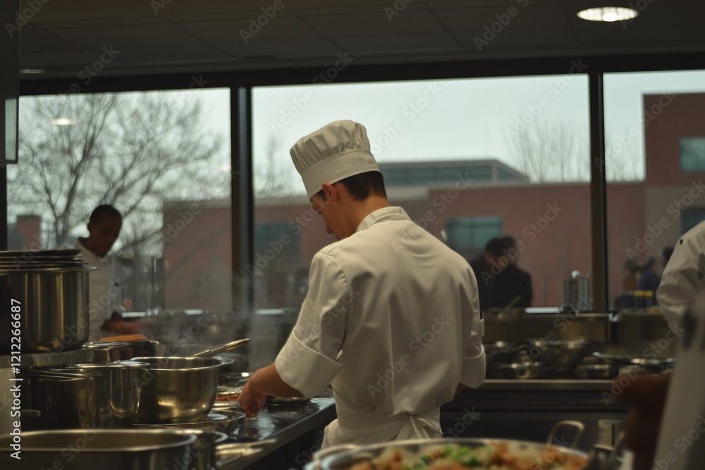 Culinary Artistry: A chef in a pristine white uniform focuses intently on a dish, his back turned as he meticulously prepares a culinary masterpiece in a bustling kitchen. Culinary Artistry: A chef in a pristine white uniform focuses intently on a dish, his back turned as he meticulously prepares a culinary masterpiece in a bustling kitchen.