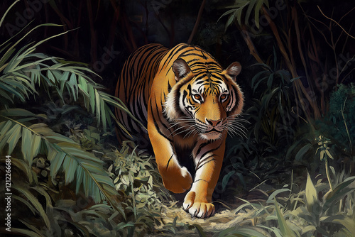 A majestic tiger prowling through a jungle photo