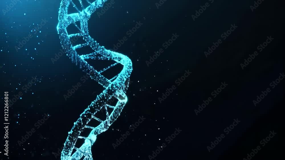 Digital dna helix rotating with glowing particles in dark blue space Digital dna helix rotating with glowing particles in dark blue space