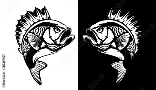 Fishing bass logo. Bass fish with rod club emblem. Fishing theme illustration. Fish Isolated on white.
