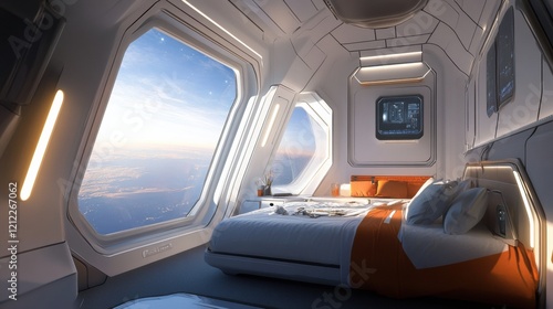 Fototapeta Naklejka Na Ścianę i Meble -  A commercial space station concept with luxury accommodations for space tourists, featuring panoramic windows and modern interiors