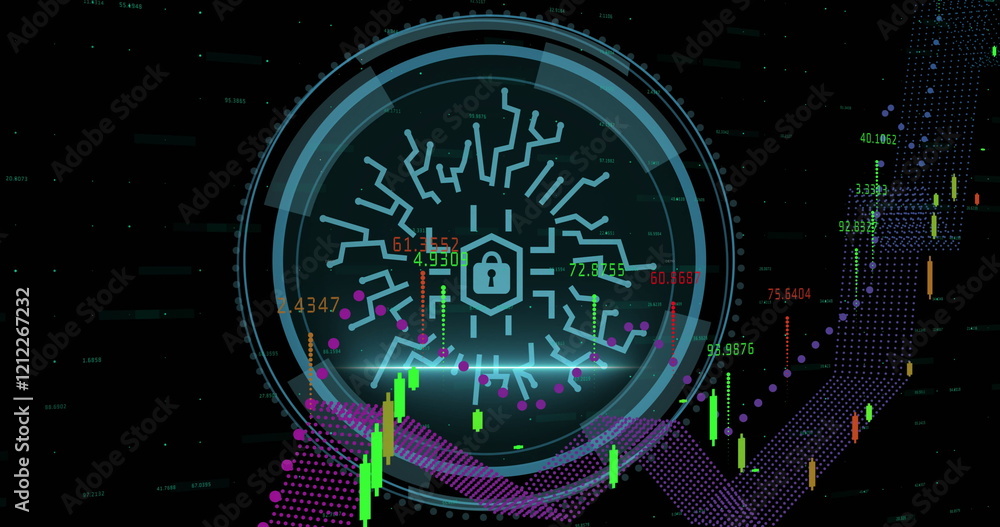 Image of padlock icon and data processing over black background Image of padlock icon and data processing over black background