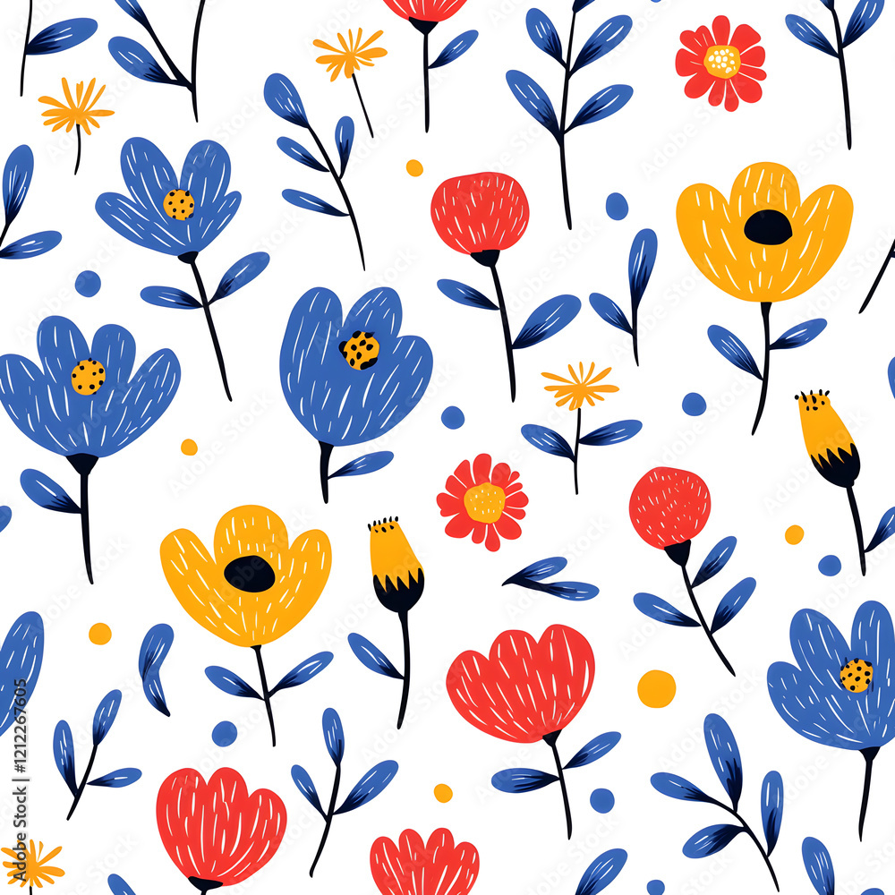 Folk art inspired hand-drawn seamless pattern with flowers, on white background Folk art inspired hand-drawn seamless pattern with flowers, on white background