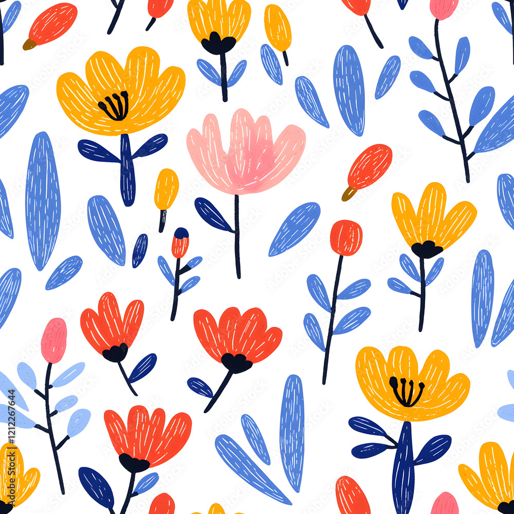 Folk art inspired hand-drawn seamless pattern with flowers, on white background Folk art inspired hand-drawn seamless pattern with flowers, on white background