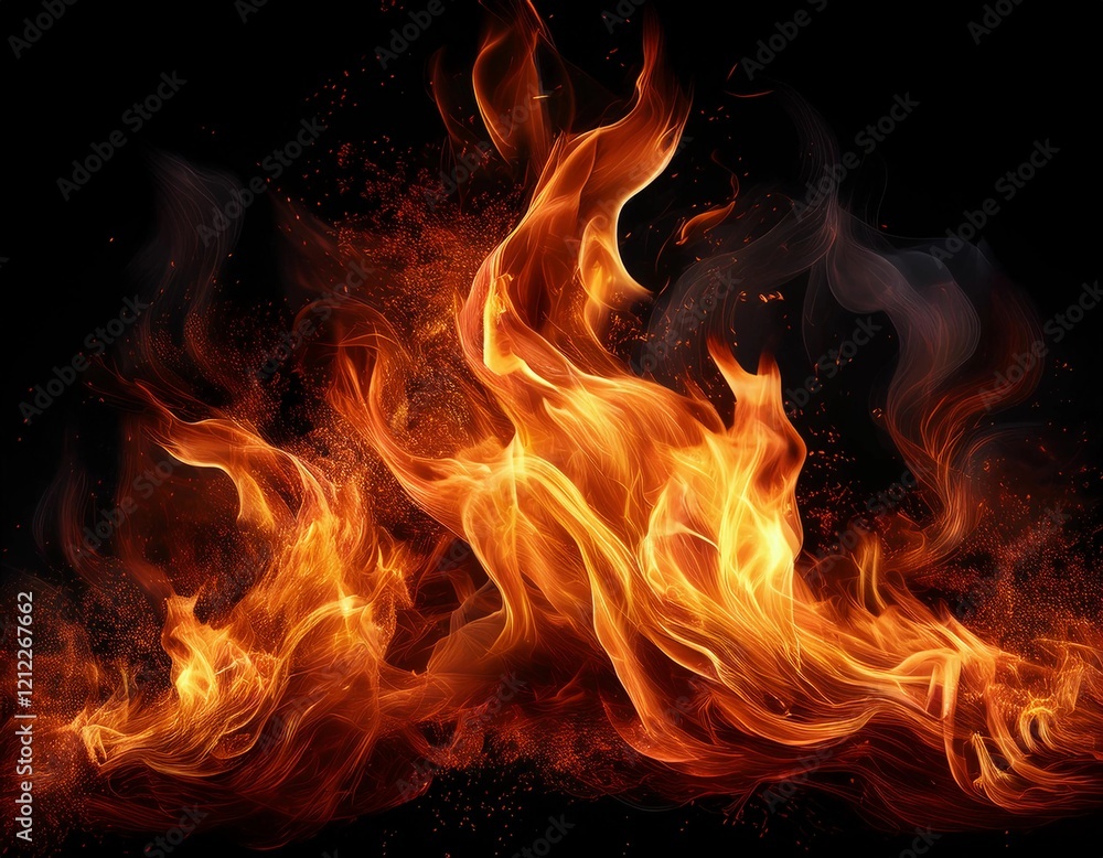 Fototapeta premium bright orange flames dancing against a dark black background. The fire is dynamic and fluid, with wisps and curls of heat creating intricate patterns. 