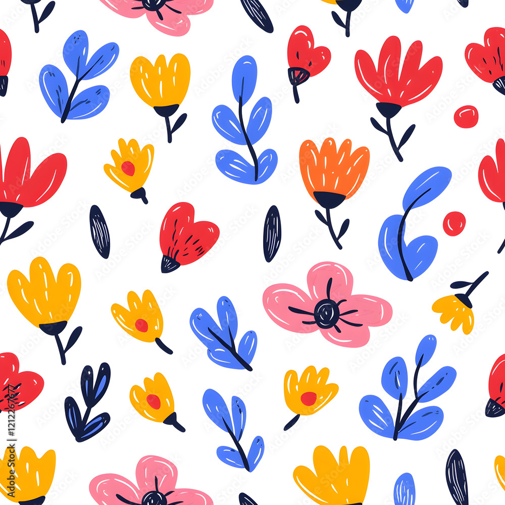 Folk art inspired hand-drawn seamless pattern with flowers, on white background Folk art inspired hand-drawn seamless pattern with flowers, on white background