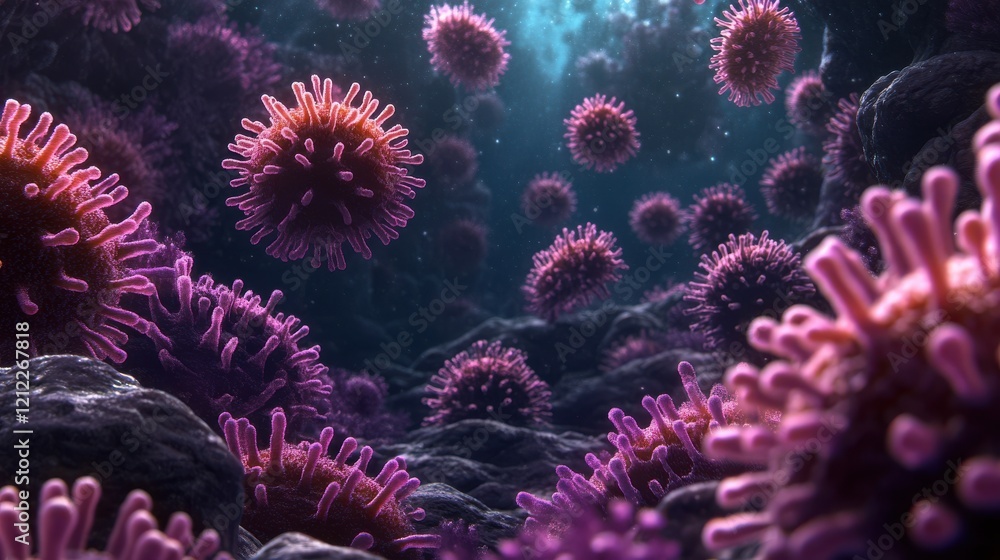 Microscopic view of viruses, complex structures, intricate details. Microscopic view of viruses, complex structures, intricate details.