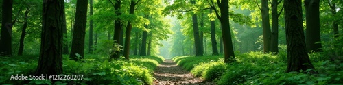 Dense foliage of trees swaying in the gentle forest breeze  landscape  green landscape  green forest