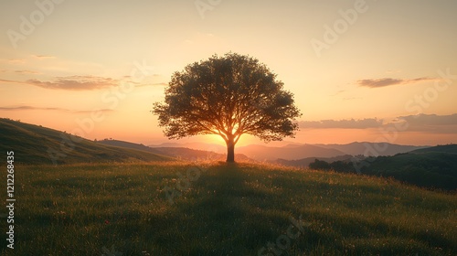 Serene Sunset Over Majestic Tree on Rolling Hills with Vibrant Horizon Lighting Up the Sky in a Tranquil Natural Landscape Scene