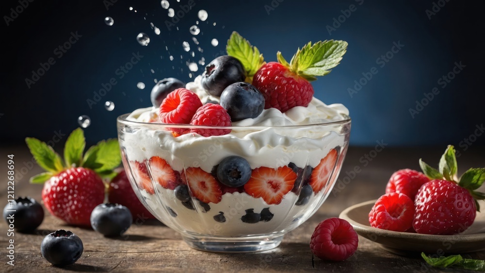 A refreshing dessert bowl with layers of strawberries, blueberries, raspberries, and cream. A refreshing dessert bowl with layers of strawberries, blueberries, raspberries, and cream.
