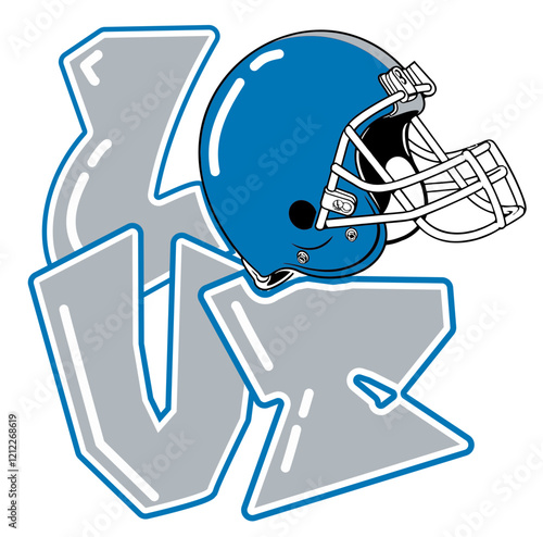 love - Metallic silver and Honolulu blue football player helmet, sport vector graphics, hockey, for street art - graffiti lettering typography - art illustration - multicolor - writen
