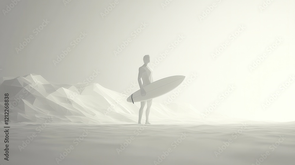 Obraz premium Minimalist Surfboard Pose, a sleek low poly design showcasing a person gripping a surfboard, emphasizing simplicity and style in motion.