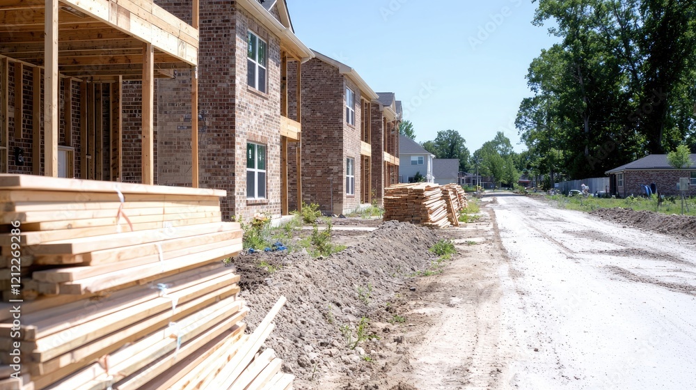 Apartment complex construction site, daytime. Dirt road, lumber. Real estate development Apartment complex construction site, daytime. Dirt road, lumber. Real estate development
