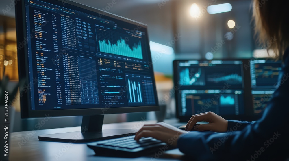 Person working at a desk with multiple computer monitors displaying charts and data Person working at a desk with multiple computer monitors displaying charts and data