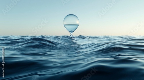 A dramatic hourglass illustration featuring clean ocean water in the upper section and polluted murky water in the lower, highlighting ecological challenges.