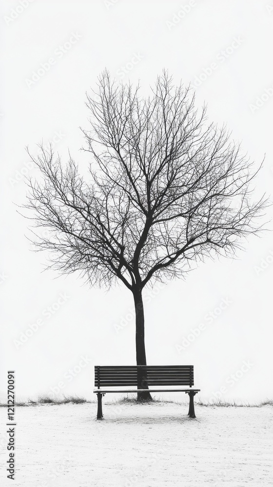 A solitary park bench sits beneath a bare tree, its branches reaching skyward, captured in a tranquil winter setting. The landscape invites quiet introspection and peace A solitary park bench sits beneath a bare tree, its branches reaching skyward, captured in a tranquil winter setting. The landscape invites quiet introspection and peace