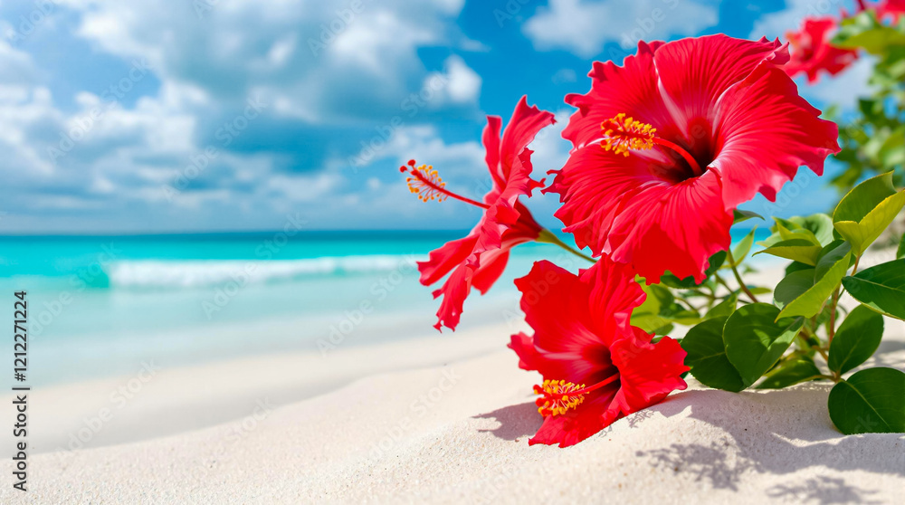 Vibrant Red Hibiscus Flowers on Sandy Beach with Turquoise Ocean Background Vibrant Red Hibiscus Flowers on Sandy Beach with Turquoise Ocean Background