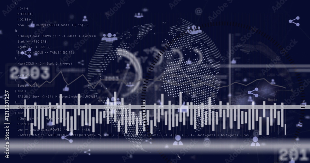 Fototapeta premium Image of scanner, data processing and people icons over globe and networks