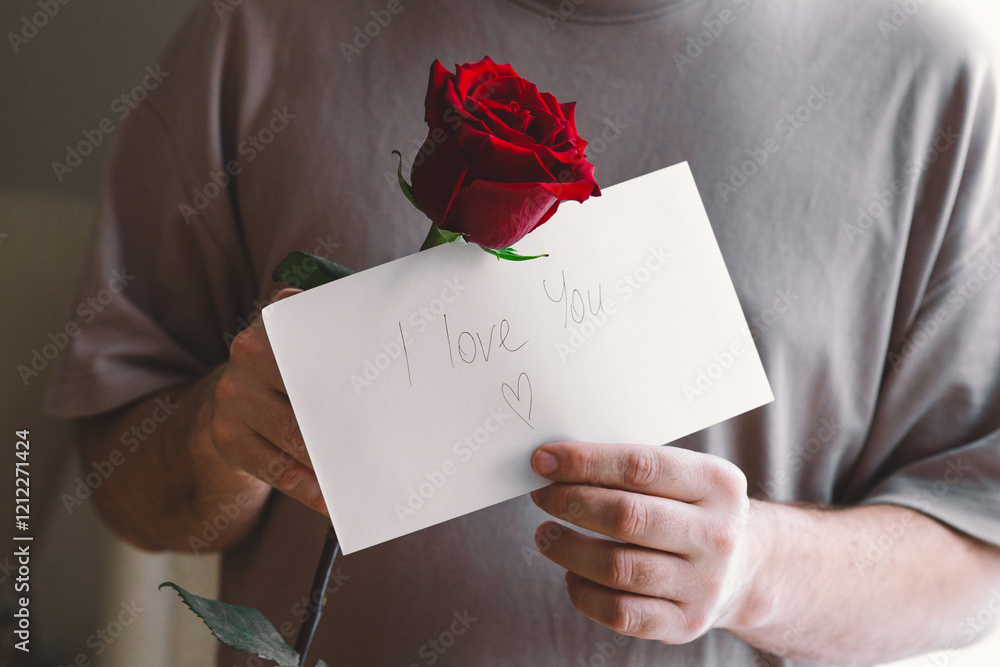 Man holding a red rose and a handwritten note expressing love. Man holding a red rose and a handwritten note expressing love.