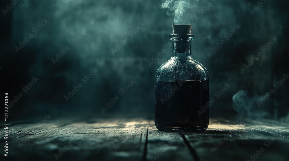 Mystical potion bottle, smoky setting, wooden table Mystical potion bottle, smoky setting, wooden table