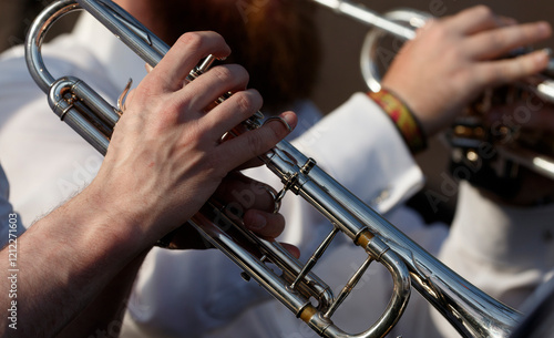 Musicians showcase their talent during an outdoor concert in the park, playing brass instruments with passion and energy photo