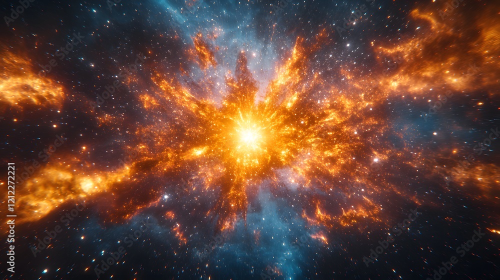 Fototapeta premium Spectacular supernova explosion illuminates deep space with blue and orange nebula colors, showcasing stellar collision amid star clusters and interstellar dust in cosmic energy burst.