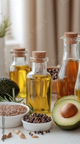 Intriguing display of various cooking oils with olives and avocado on a light beige background, perfect for food enthusiasts photo