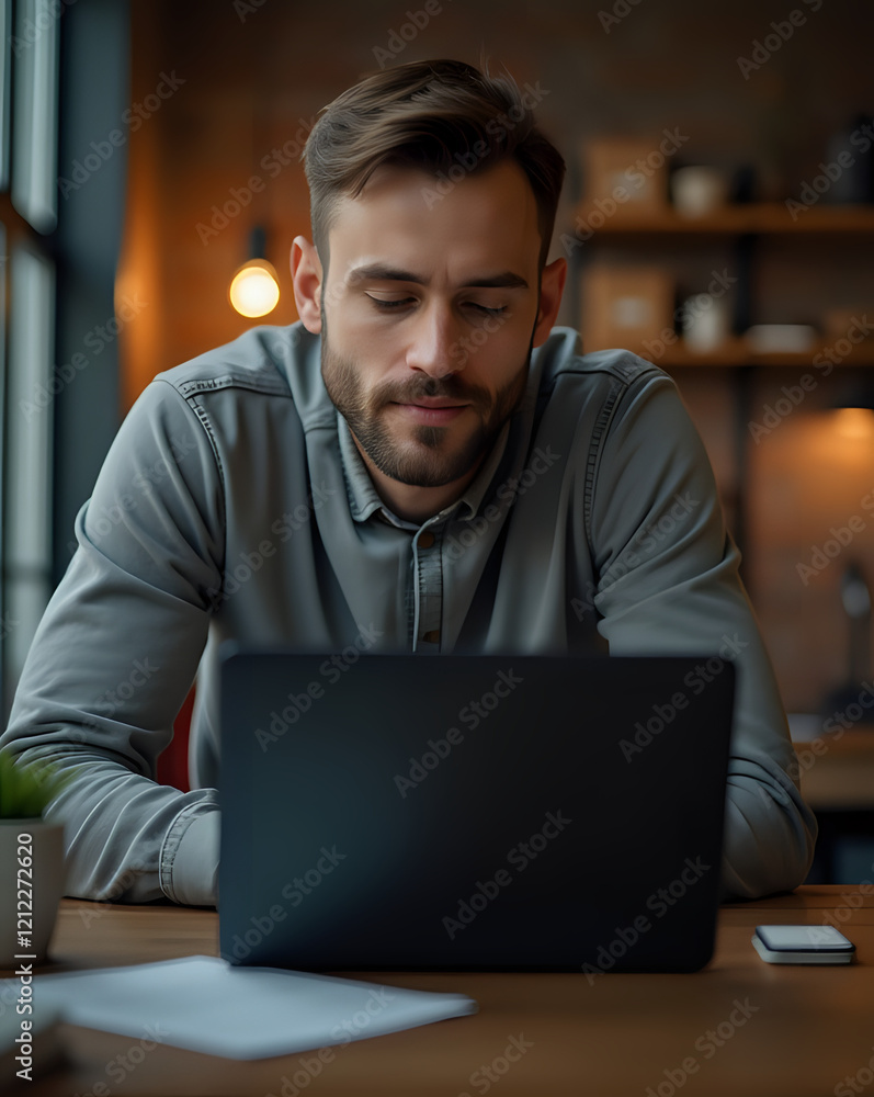 Focused Man Working on Laptop in Cozy Workspace Focused Man Working on Laptop in Cozy Workspace