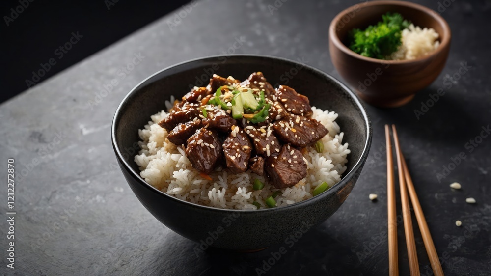 A bowl of rice topped with sliced beef, sesame seeds, and green onions, served with chopsticks. A bowl of rice topped with sliced beef, sesame seeds, and green onions, served with chopsticks.