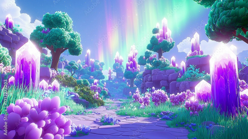 Fototapeta premium A dreamlike forest where trees morph into crystal structures, the sky is filled with multicolored auroras, and the ground is covered with glowing plants.