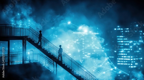 Silhouettes of people climbing stairs at night, futuristic city backdrop, network connections. photo