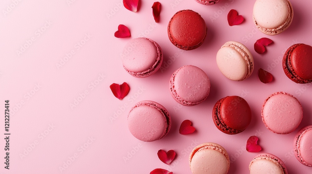 Colorful macarons with rose petals on a pink background Colorful macarons with rose petals on a pink background