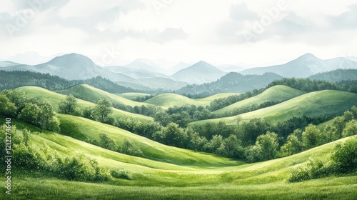 Lush Green Hills with Rolling Landscape and Soft Clouds in the Background, Ideal for Nature Themes