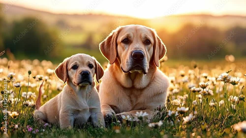 This heartwarming video shows a puppy and an adult dog in a field of flowers. They share a moment under golden sunlight. Ideal for promoting joy and companionship in pets. Generative AI This heartwarming video shows a puppy and an adult dog in a field of flowers. They share a moment under golden sunlight. Ideal for promoting joy and companionship in pets. Generative AI