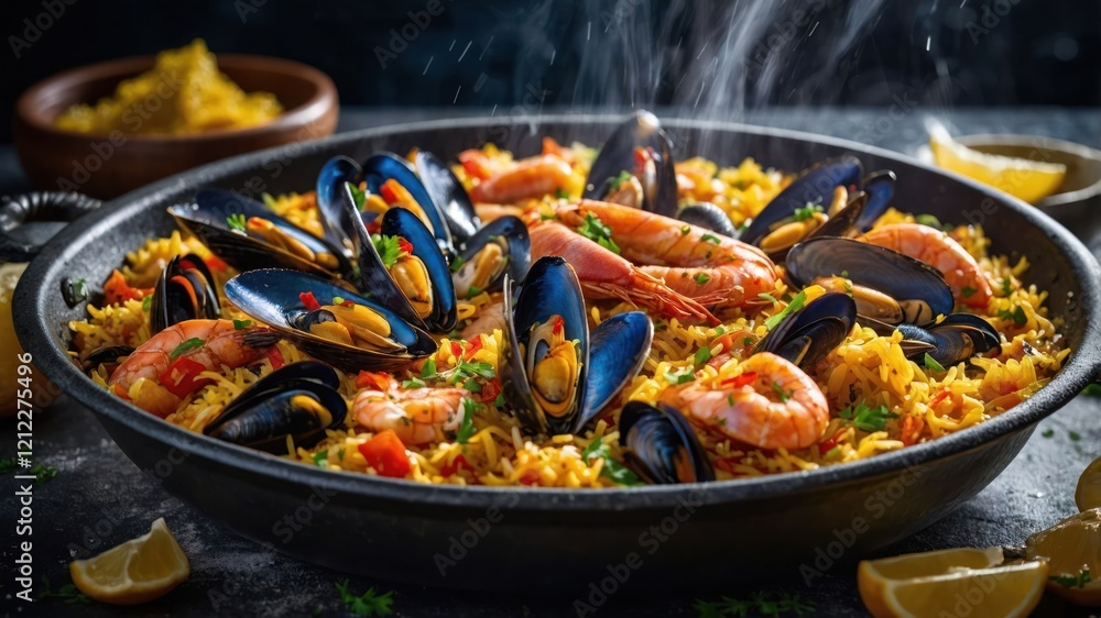 A vibrant seafood paella featuring shrimp and mussels, garnished with herbs and lemon. A vibrant seafood paella featuring shrimp and mussels, garnished with herbs and lemon.