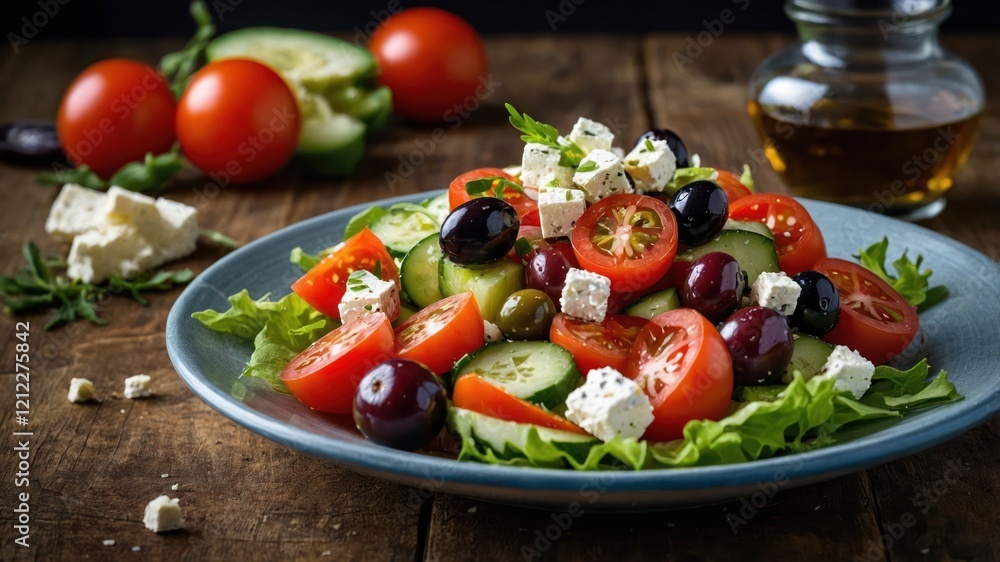 A vibrant salad with cucumbers, tomatoes, olives, and feta cheese on a wooden table. A vibrant salad with cucumbers, tomatoes, olives, and feta cheese on a wooden table.