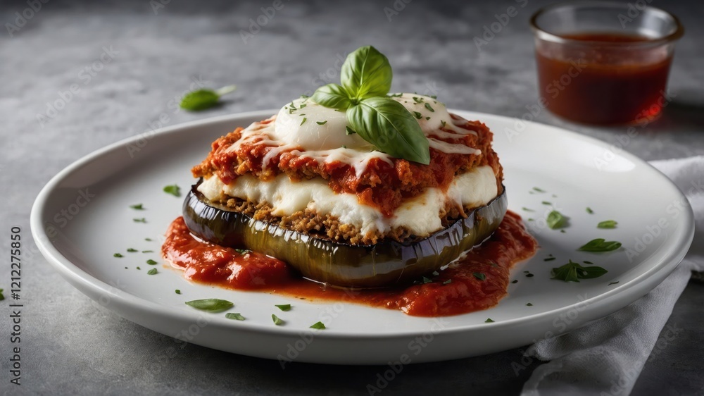 A delicious serving of eggplant lasagna topped with cheese and basil on a white plate. A delicious serving of eggplant lasagna topped with cheese and basil on a white plate.