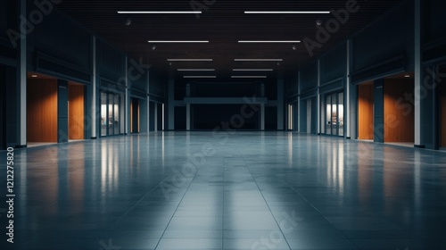 Modern empty hallway with reflective floors and ambient lighting