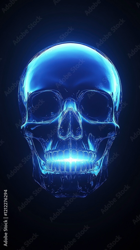A glowing, translucent skull against a dark background, showcasing a modern design. A glowing, translucent skull against a dark background, showcasing a modern design.